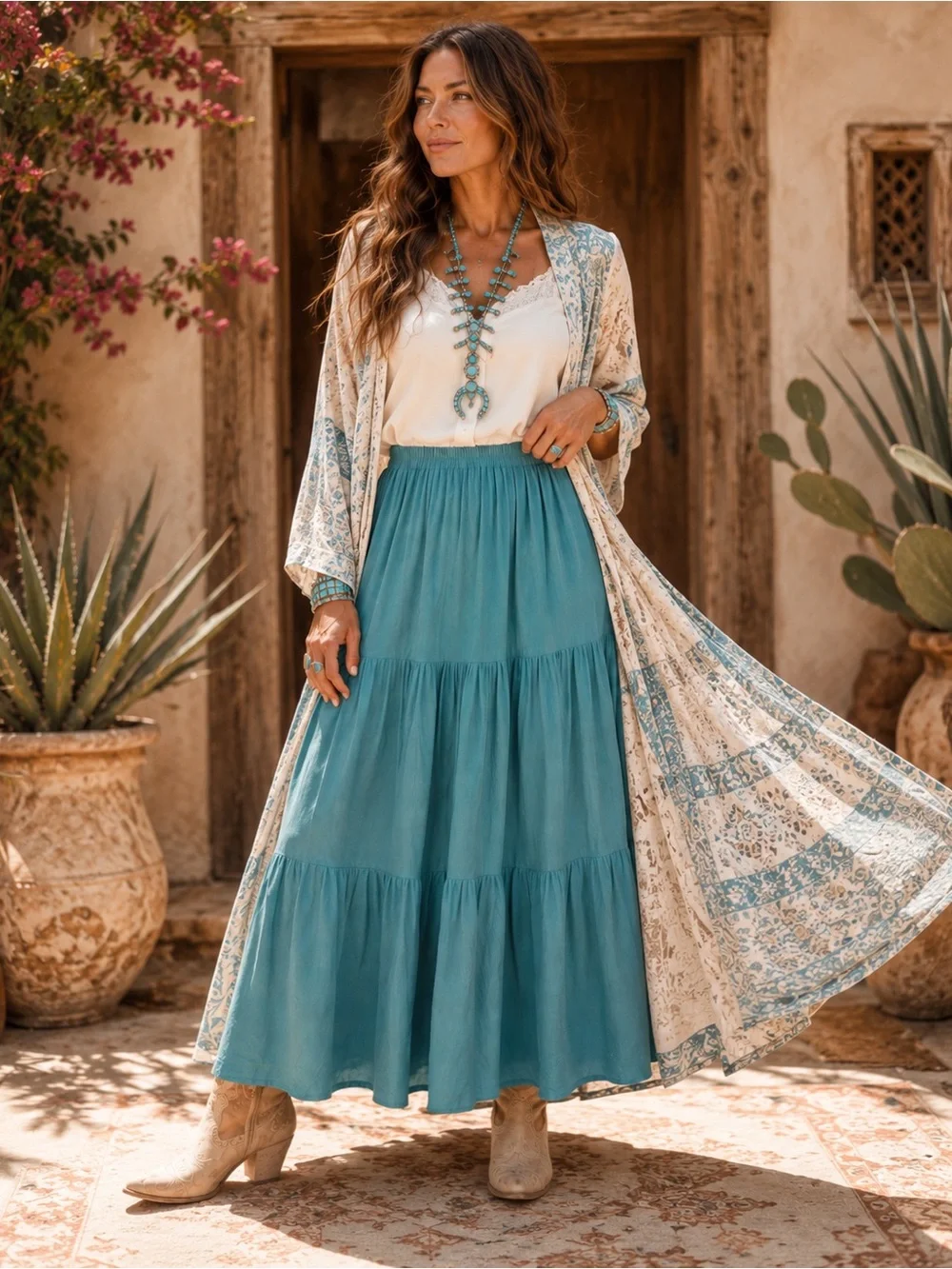 Double D Ranchwear • Turquoise Tiered Broomstick Maxi Skirt